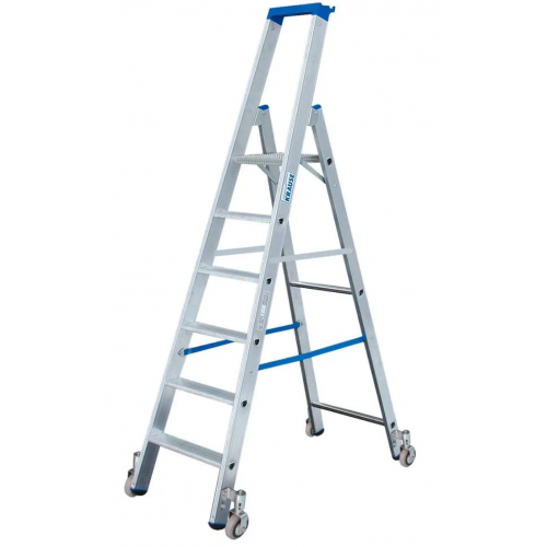 Aluminijasta lestev s koleščki in 2 varnostnima pasovoma, 7 stopnic