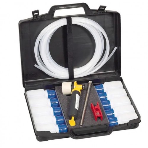 Mini vzorčevalnik iz PE, komplet s črpalko, steklenicami, sesalno cevjo, utežjo iz nerjavečega jekla, nalepkami