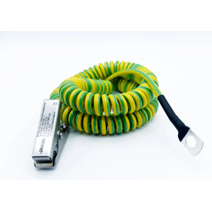 DENIOS ozemljitveni kabel z ozemljitvenimi kleščami 60 mm in ušescem M10, 3 m kabel, zelen/rumen, baker, 2,5 mm², ATEX