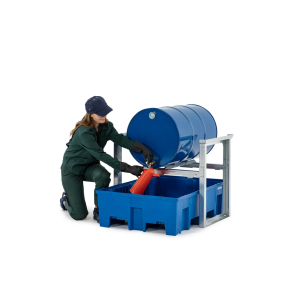 Stojalo za sode/polnilna postaja za 1 sod s prostornino 200 l, plastična lovilna posoda, 1049 x 1245 x 837 mm