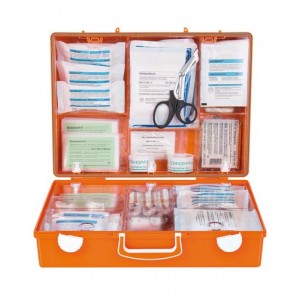 Komplet za prvo pomoč s polnilom po DIN 13169, iz ABS plastike, s stenskim nosilcem, oranžna