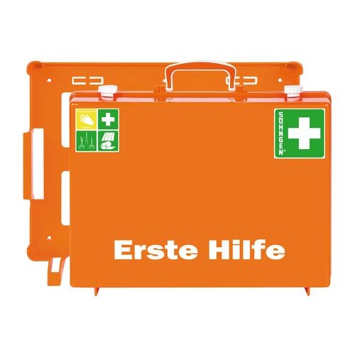 Komplet za prvo pomoč s polnilom po DIN 13169, iz ABS plastike, s stenskim nosilcem, oranžna