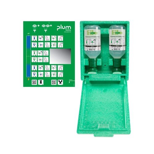 Očesna urgentna postaja za izpiranje oči iz trde pene, 2 x 500 ml fiziološke raztopine v plastenki