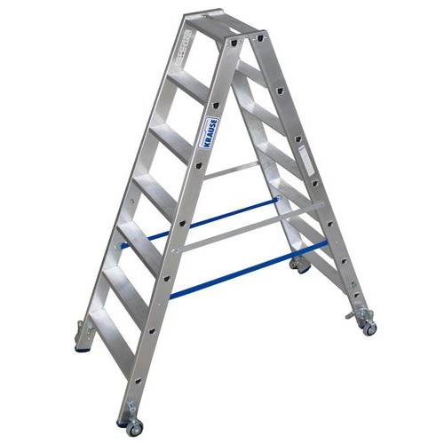 Aluminjasta stopničasta lestev, s koleščki, 2 x 7 stopnic