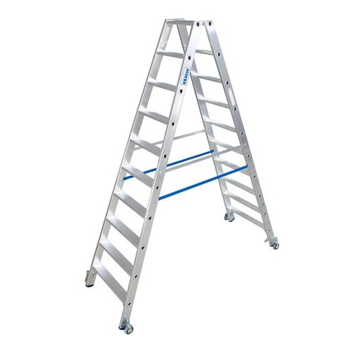 Aluminjasta stopničasta lestev, s koleščki, 2 x 10 stopnic