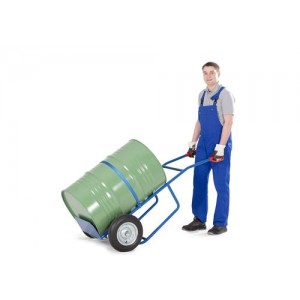 Voziček FKZ iz jekla, barvano modro, pnevmatike, osnovna plošča in trak za pripenjanje, za sode 60/200 l