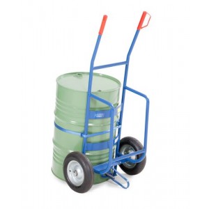 Voziček FKZ iz jekla, barvano modro, pnevmatike, osnovna plošča in trak za pripenjanje, za sode 60/200 l