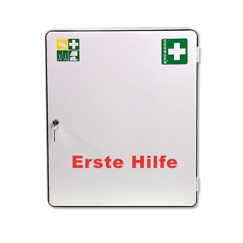 Omarica za prvo pomoč, pločevina, polnilo po DIN 13169, s ključavnico, 1 vrata, bela