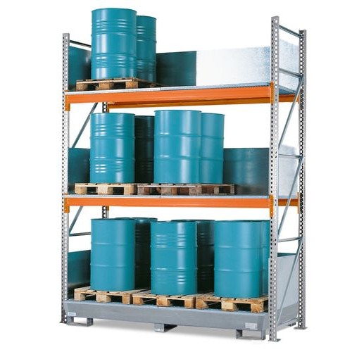 Combi-Shelf 4 S24-I s pocinkano lovilno posodo, za 24 vertikalnih 200 l sodov, osnovni regal