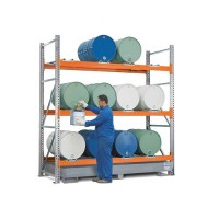 Combi-Shelf 3 L12-I s pocinkano lovilno posodo, za 12 horizontalnih sodov po 200 l, osnovni regal