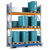 Combi-Shelf 4 S24-I z barvano lovilno posodo, za 24 navpičnih 200 l sodov, osnovni regal