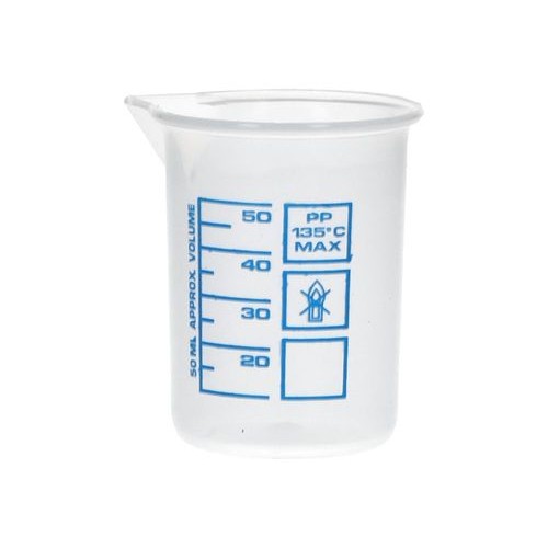 Čaša Griffin iz PP, laboratorijske čaše z natisnjeno modro volumsko lestvico, 50 ml, 24 kosov