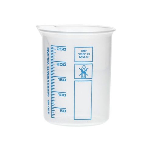 Čaša Griffin iz PP, laboratorijske čaše z natisnjeno modro volumsko lestvico, 250 ml, 24 kosov