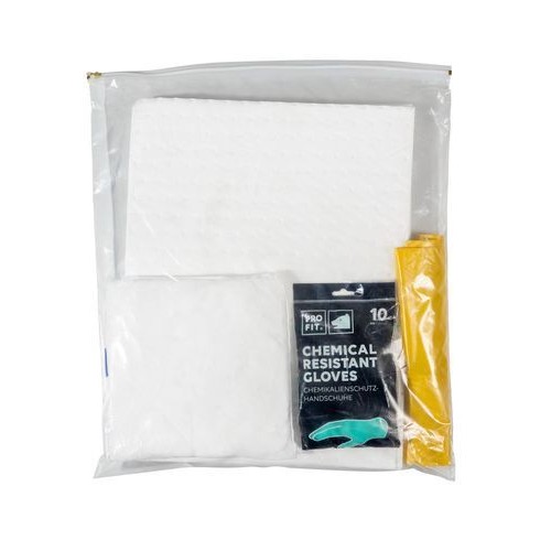 DENSORB komplet za ukrepanje ob razlitju olja, v prosojni vreči, z vpojnimi podlogami in blazinami